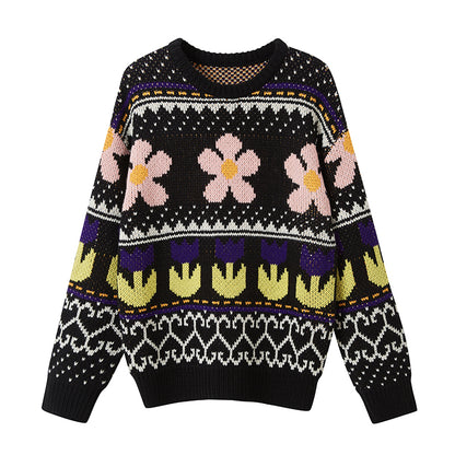 DIDDI MODA Colorful Floral Jacquard Slim Sweater