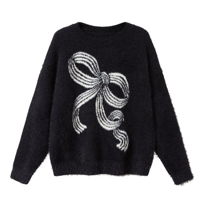DIDDI MODA Striped Bow Knit Sweater Women Soft Loose Round Neck Mink Imitation Sweater