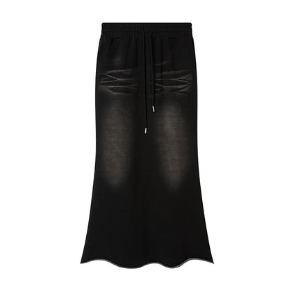 DIDDI MODA Distressed Knit Fishtail Skirt Post Apocalyptic Washed Denim
