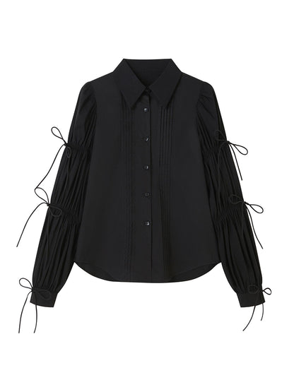 DIDDI MODA French Retro Puff Sleeve White Cotton Blouse With Ruffles Shell Buttons