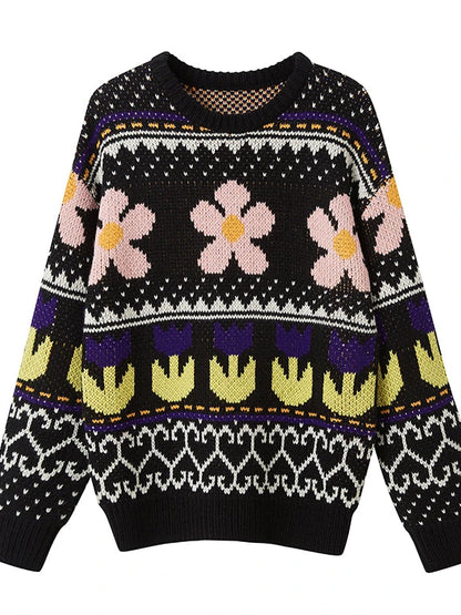 Colorful Floral Jacquard Slim Sweater