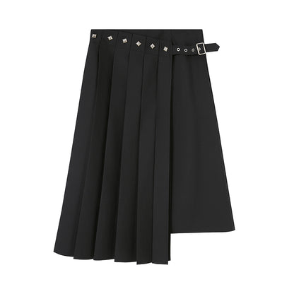 DIDDI MODA Asymmetric Pleated Skirt With Metal Studs