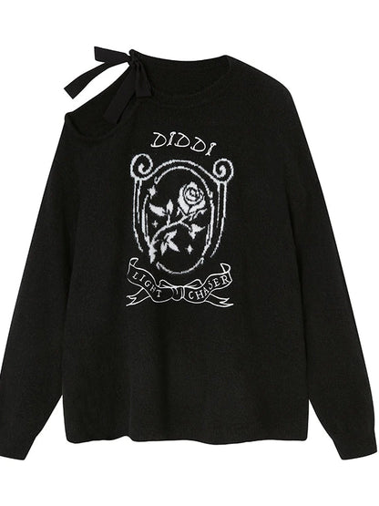 Off Shoulder Rose Jacquard Knit Top With Bow Tie