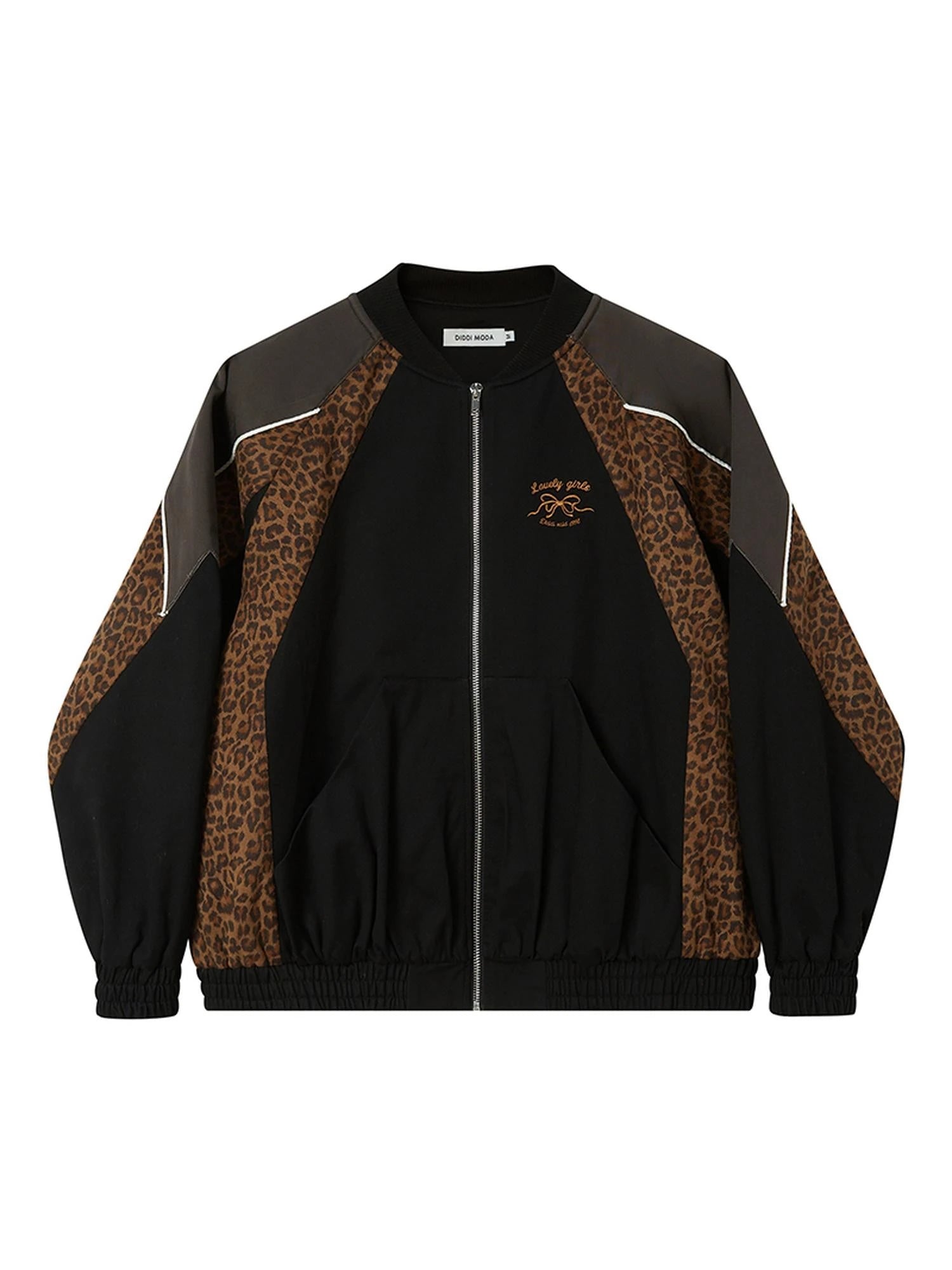 Wild Leopard Print Bow Embroidery Sporty Jacket