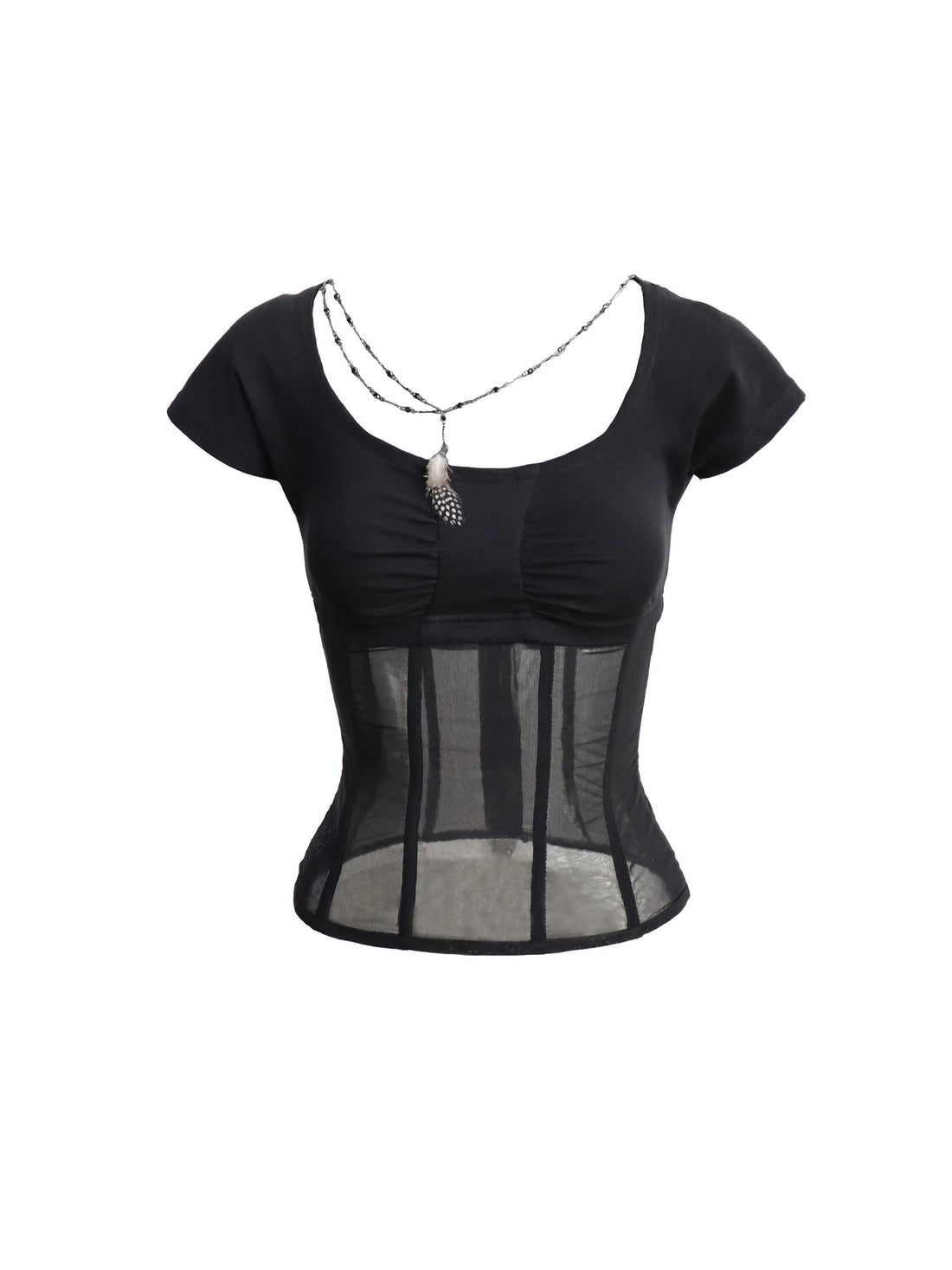 Mesh Stitching Knitted Waist Slim Fit T-Shirt