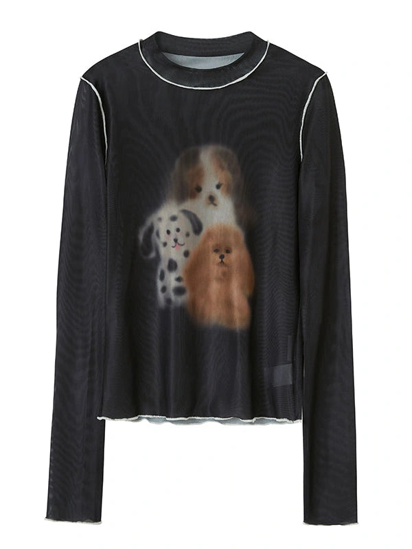 Puppy Print Sheer Black Tee