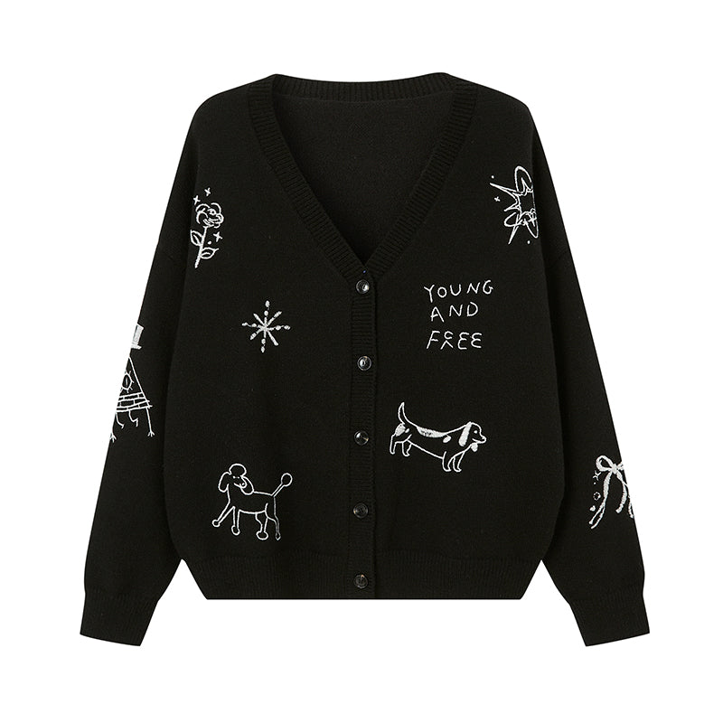 DIDDI MODA Retro Embroidered Dachshund V Neck Knit Cardigan