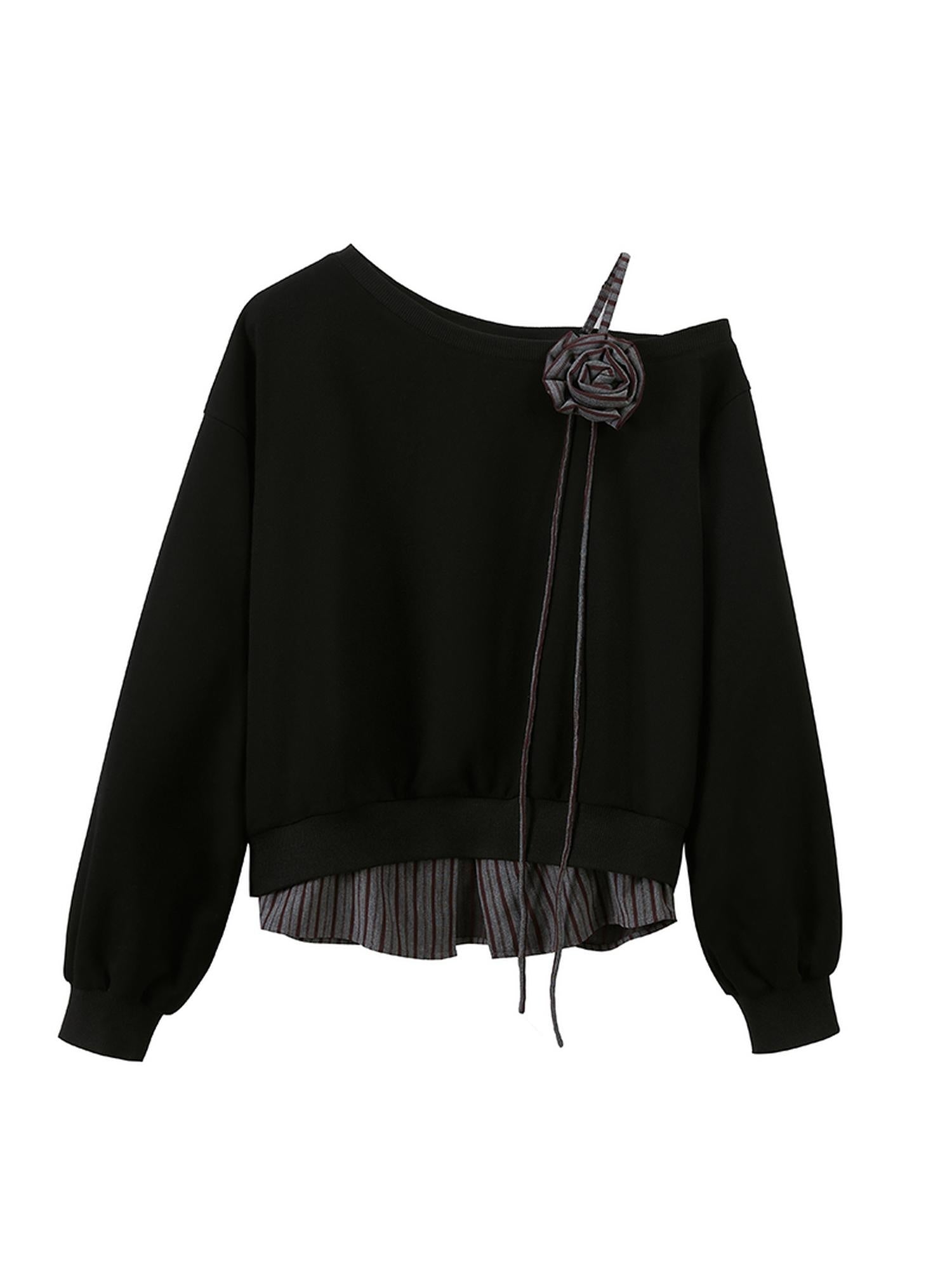 DIDDI MODA Slanted Shoulder Floral Ribbed Hem Sweatshirt