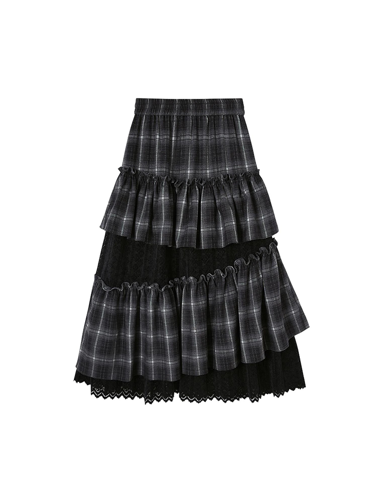 Retro Plaid Lace Tiered Ruffle Skirt