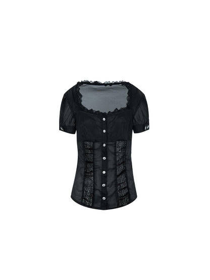 DoublePunch Vintage Lace Trim Princess Sleeve Blouse With Square Neck