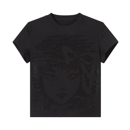 DIDDI MODA Sparkling Abstract Face Crop Tee With Rhinestones