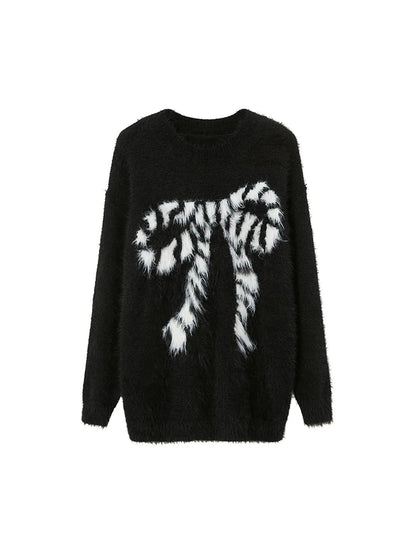 Butterfly Bow Knit Sweater With Faux Fur Trim