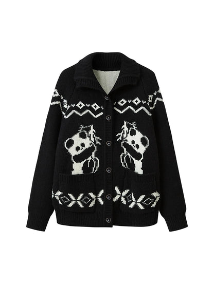 Panda Knit Cardigan Retro Cozy Fair Isle Sweater