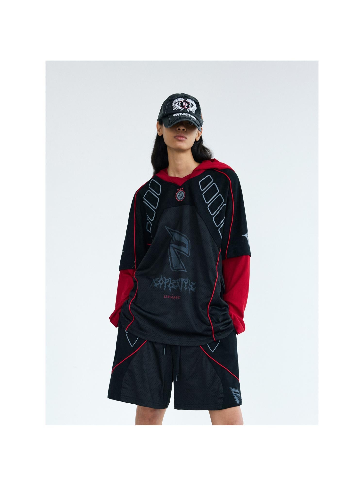 Peoplesense Racing Stitch Quick Dry Fake Two Piece Hooded Sport Tee