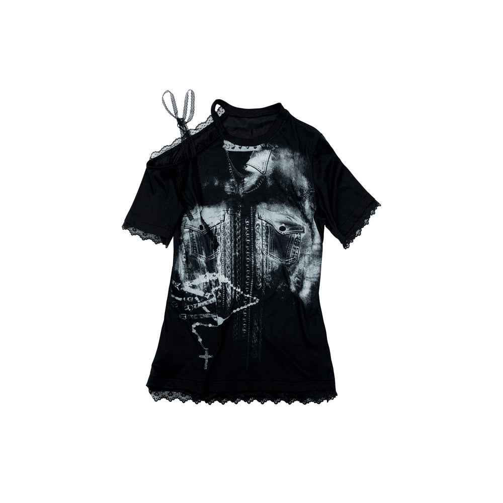 NO ROMANCE Oversized Off Shoulder Lace Print Summer T-Shirt Women