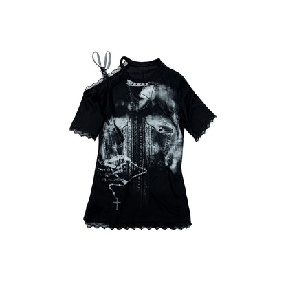 NO ROMANCE Oversized Off Shoulder Lace Print Summer T-Shirt Women