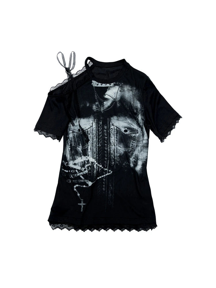 Oversized Off Shoulder Lace Print Summer T-Shirt Women