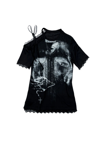 Oversized Off Shoulder Lace Print Summer T-Shirt Women