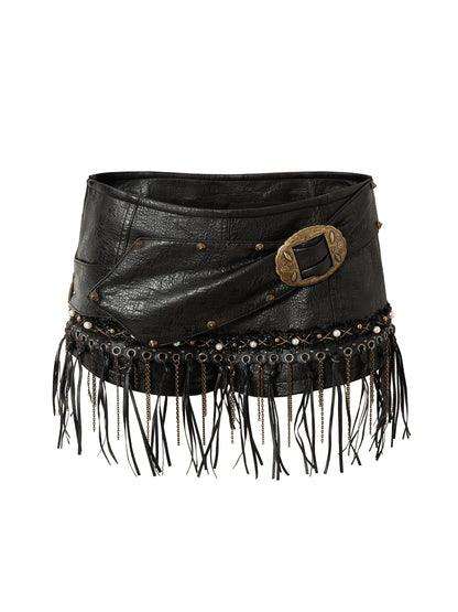 Vintage Punk Rock Studded Chain Skinny Leather Shorts