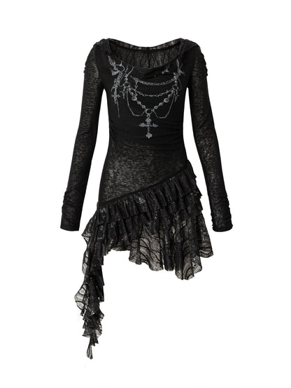 Sheer Lace Punk Print Hooded Knit Dress