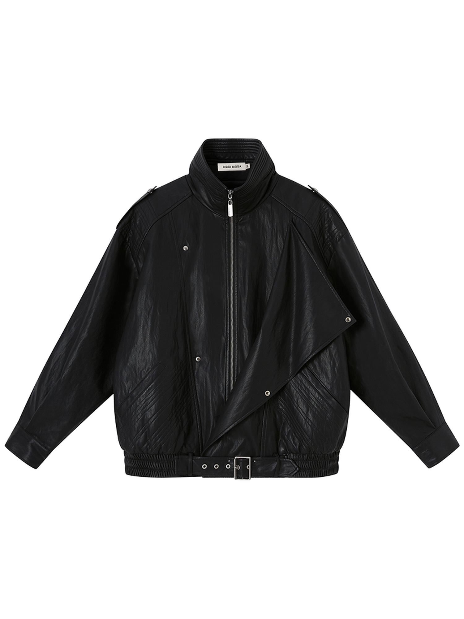 DIDDI MODA Oversized Retro Pu Leather Jacket With Quilted Detailing