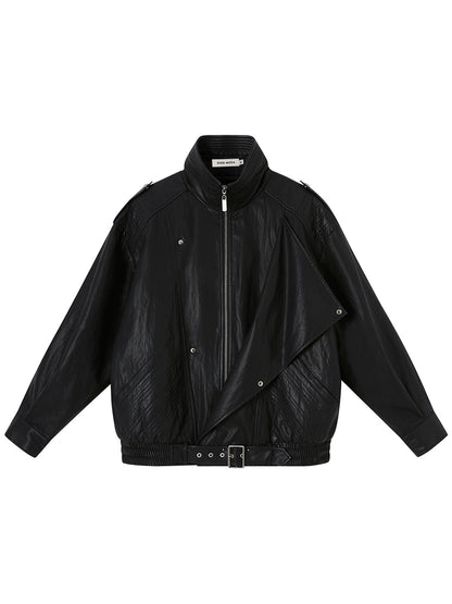 DIDDI MODA Oversized Retro Pu Leather Jacket With Quilted Detailing