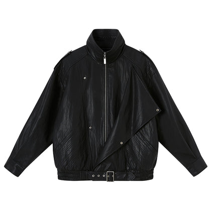 DIDDI MODA Retro Quilted Pu Biker Jacket With Oversize Collar