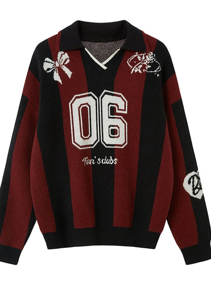 Sporty Bow Knot Jacquard Polo Sweater