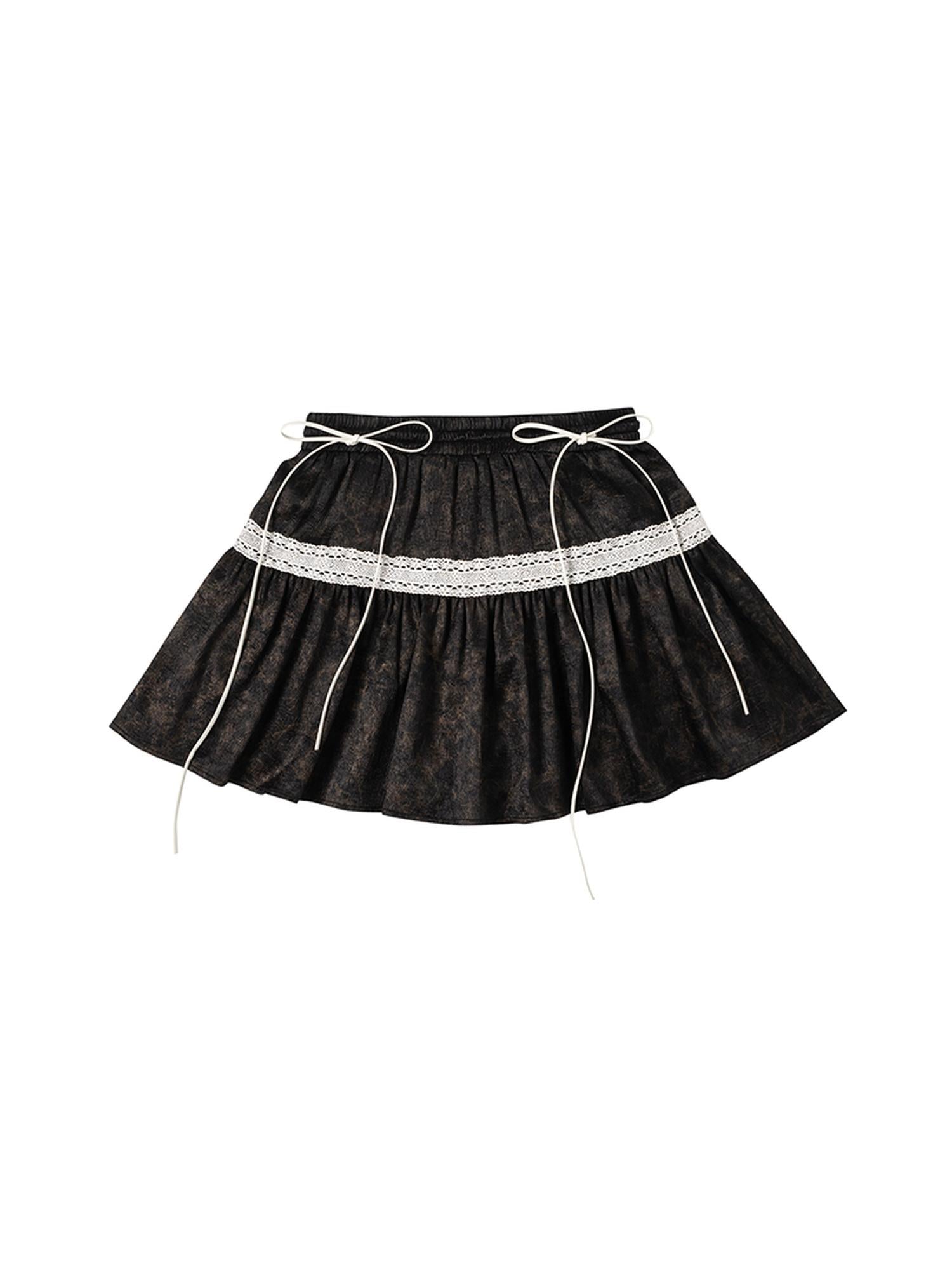 MOMSYCAN FOX LINE Vintage Linen Cotton Burnout A Line Skirt With Lace Trim Drawstring Waist