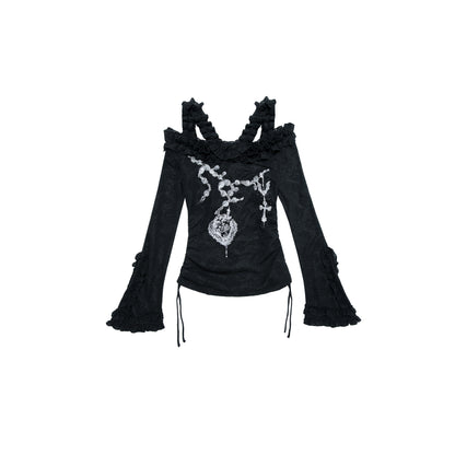 NO ROMANCE禁忌浪漫 Vintage Reversible Off-Shoulder Bell Sleeve Knit T-Shirt