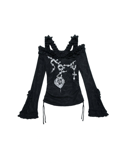 Vintage Reversible Off-Shoulder Bell Sleeve Knit T-Shirt