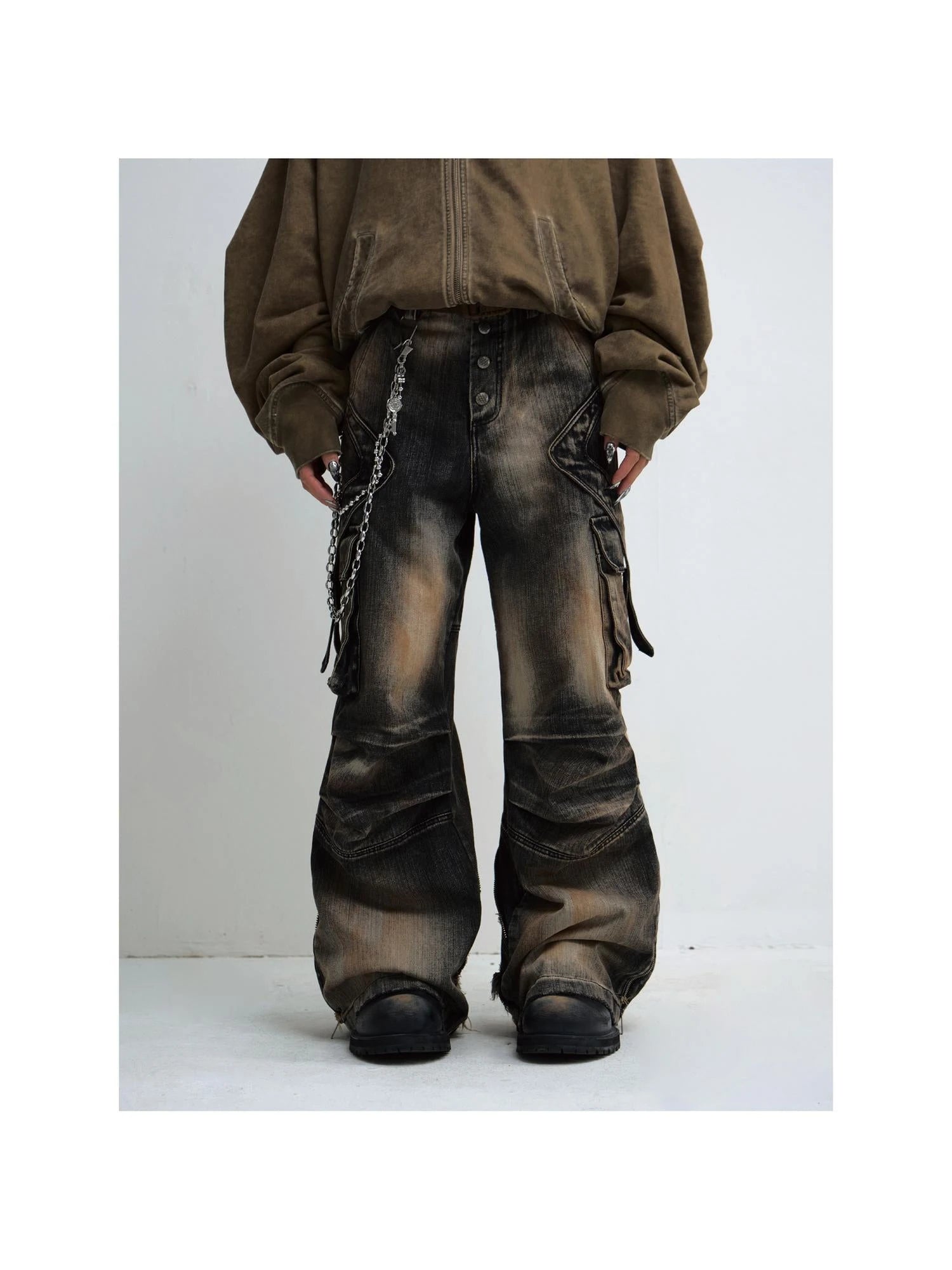 Yellow Mud Dyed Pleated Wide Leg Jeans With Black Vintage Wash