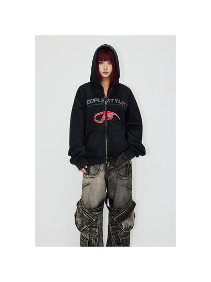 Peoplesense Vintage Embroidered 480g Washed Zip Hoodie Unisex