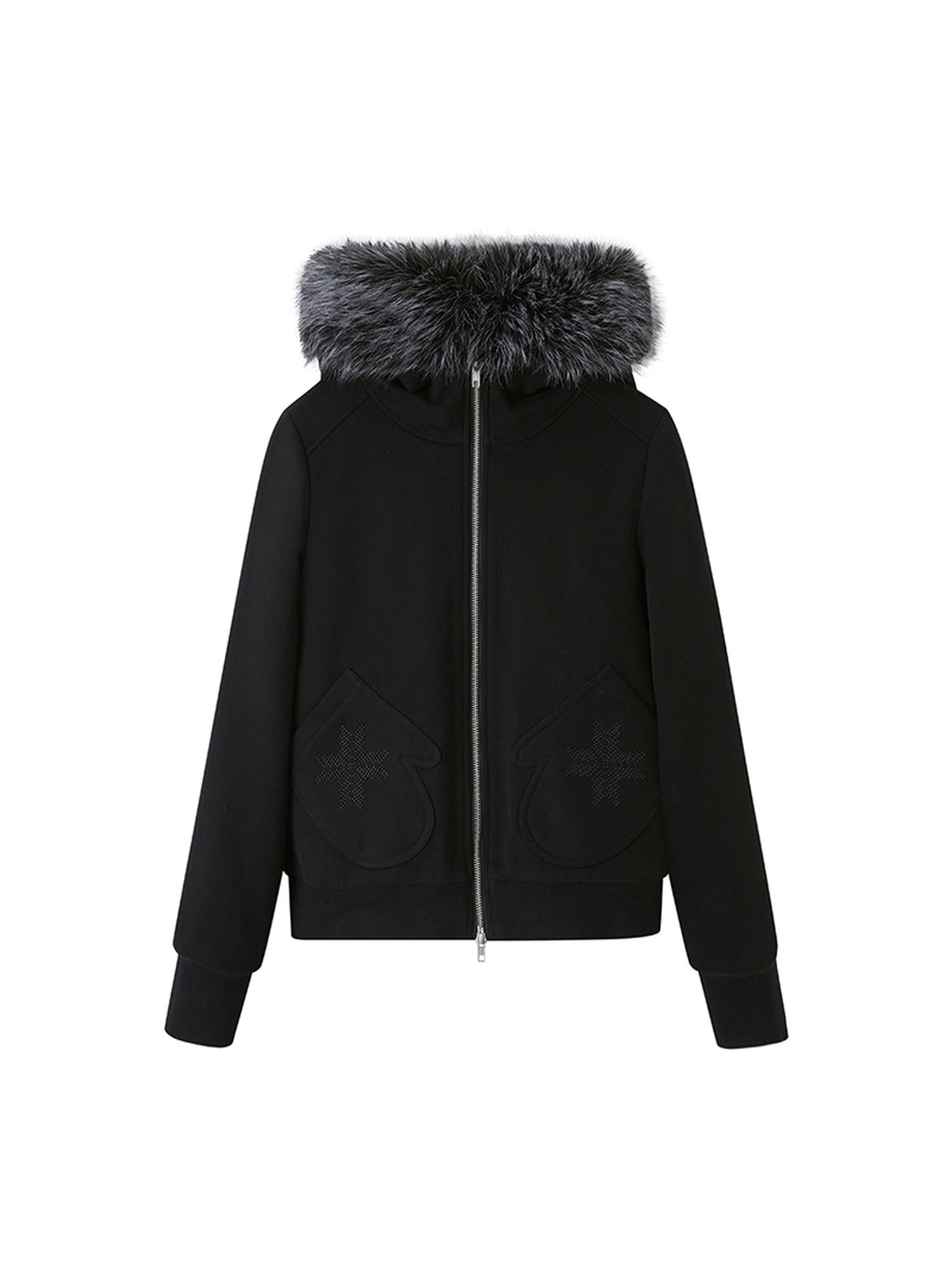 DIDDI MODA Detachable Fur Hood Snowflake Pocket Fleece Hoodie Set