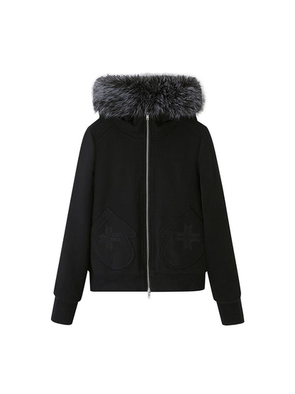 DIDDI MODA Detachable Fur Hood Snowflake Pocket Fleece Hoodie Set