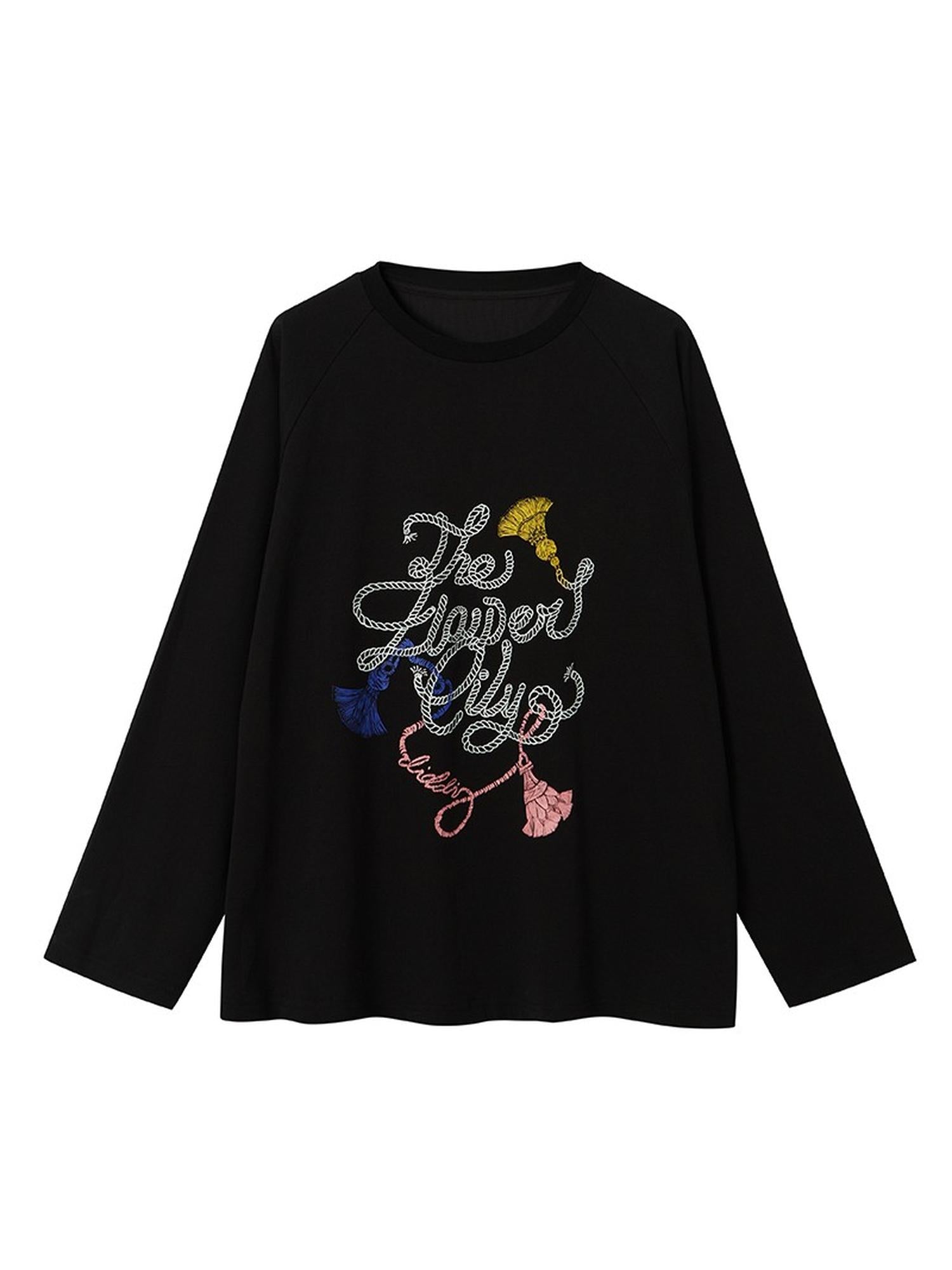 DIDDI MODA Fun Rope Colorful Wheat Print Oversized Knit Tee Bow Silk Blouse