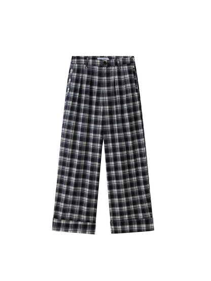 Relaxed Fold Hem Checkered Pants