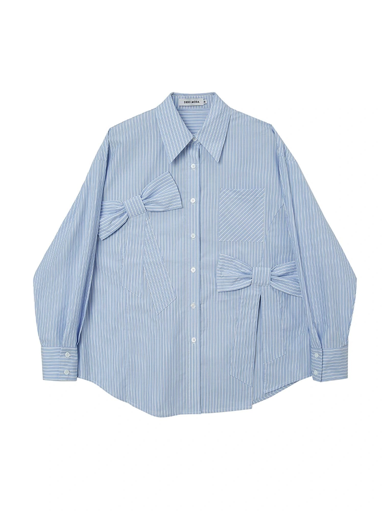 Asymmetrical Bow Split Blue Stripe Shirt