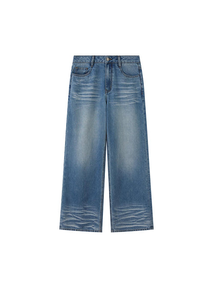 DIDDI MODA Vintage Washed Straight Jeans With 3 D Whisker Embroidery
