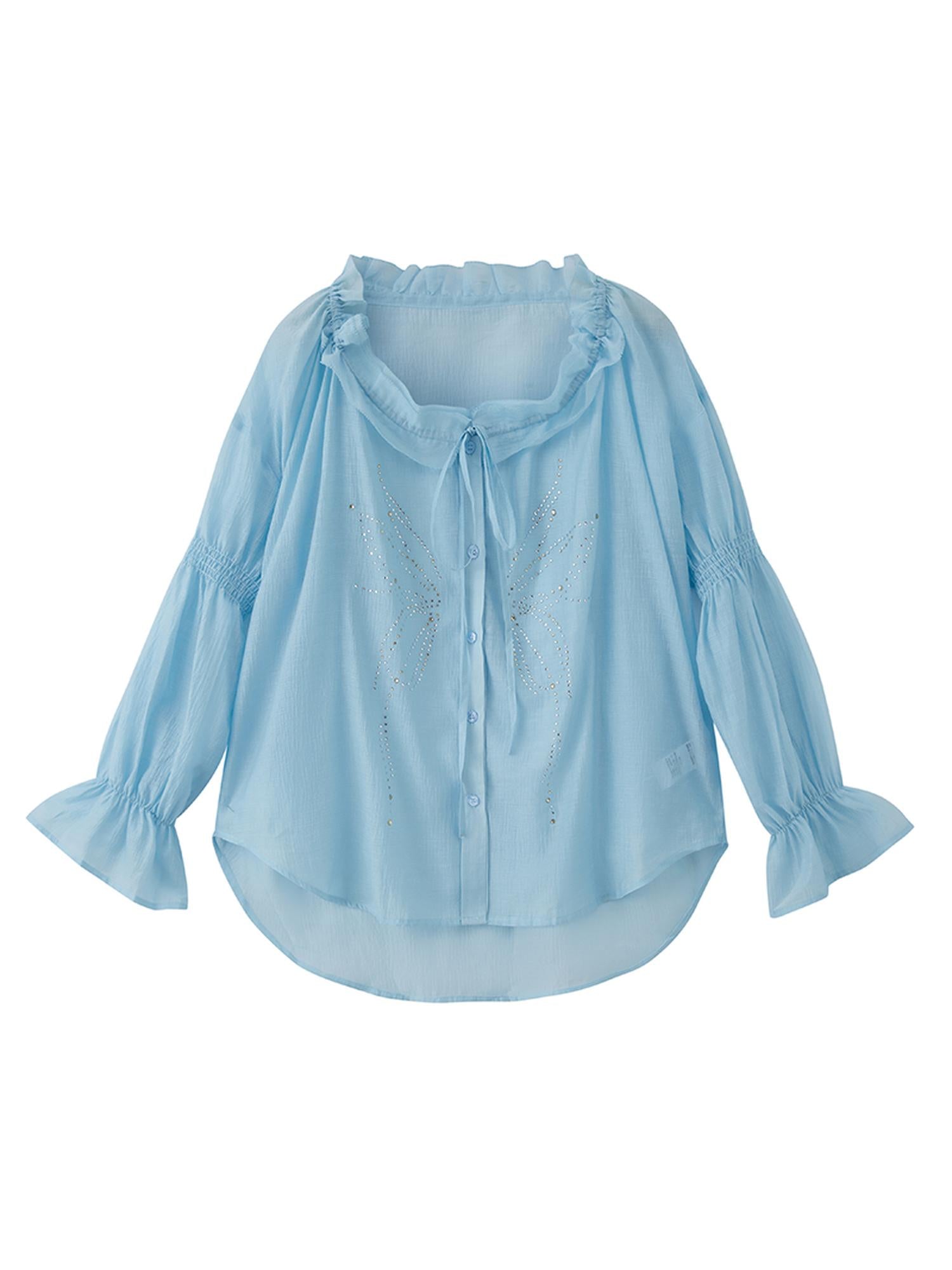 DIDDI MODA Vintage Butterfly Embroidered V Neck Sunshirt In Pastel Tones