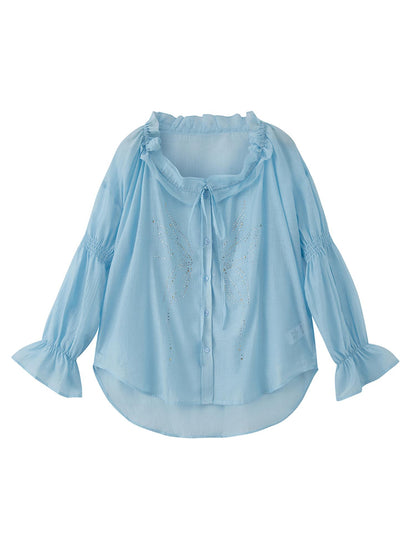 DIDDI MODA Vintage Butterfly Embroidered V Neck Sunshirt In Pastel Tones