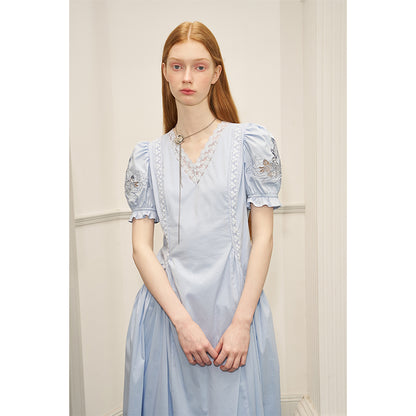 DIDDI MODA Vintage French Puff Sleeve Lace Trim Embroidered Maxi Dress