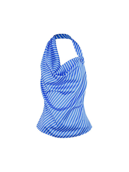 STRIKE A POSE Asym Stripe Sleeveless Draped Tie Neck Top