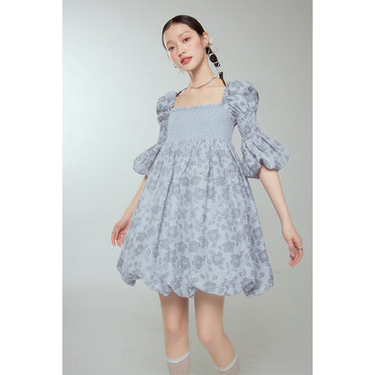 DIDDI MODA Blue Floral Jacquard Bubble Dress With Puff Sleeves