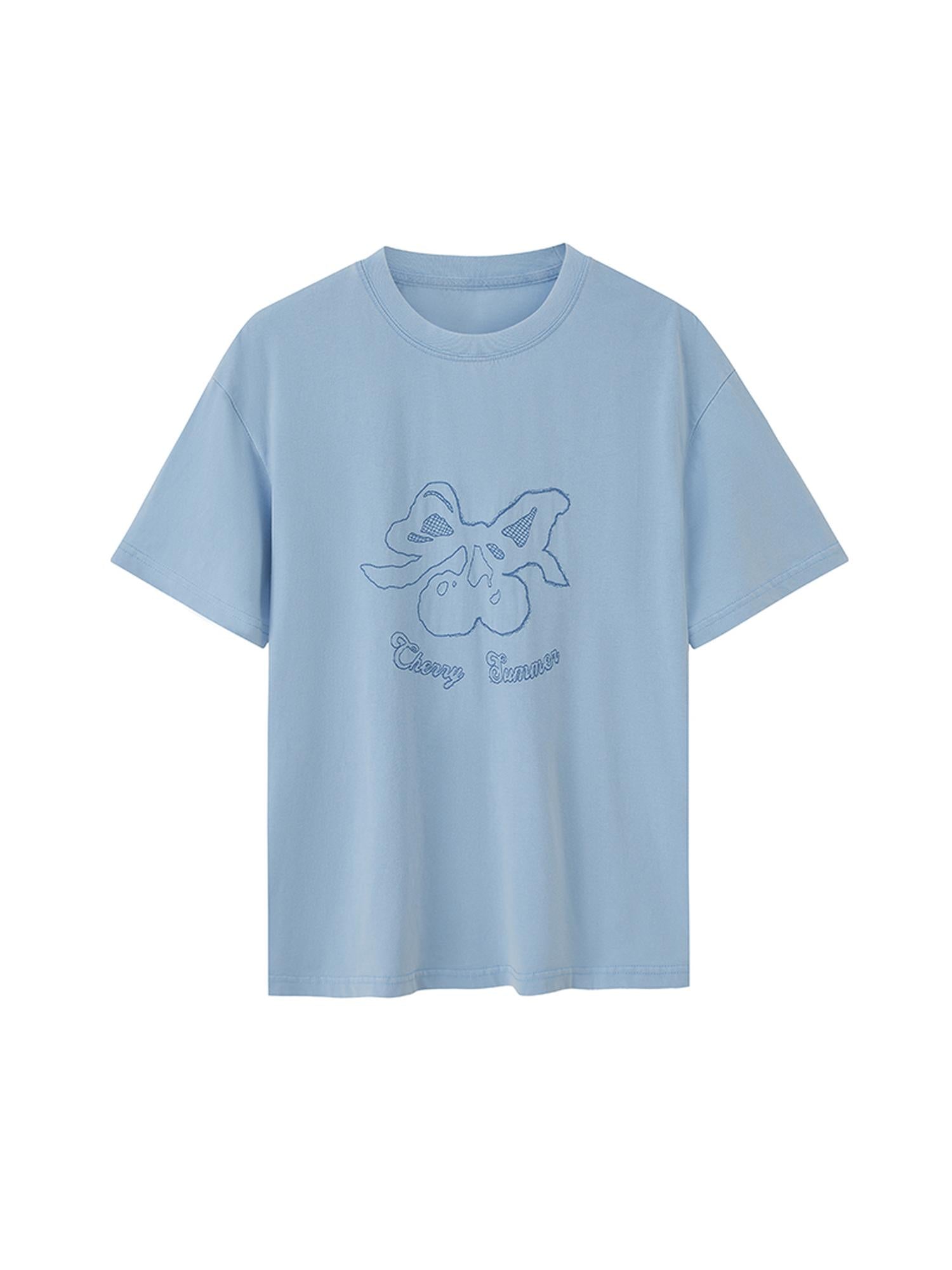 DIDDI MODA Vintage Cherry Bow Embroidered Washed Tee