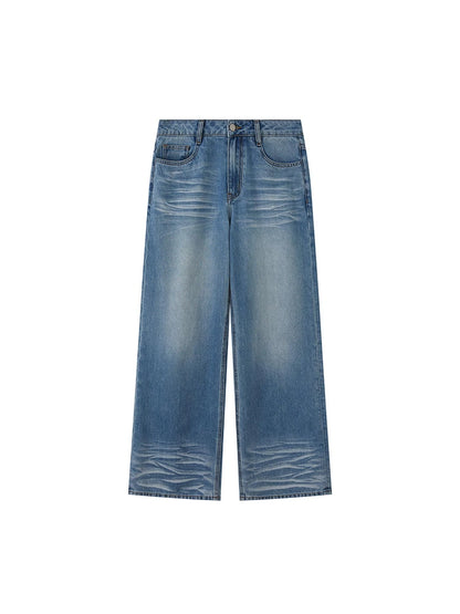 Vintage Washed Straight Jeans With 3 D Whisker Embroidery
