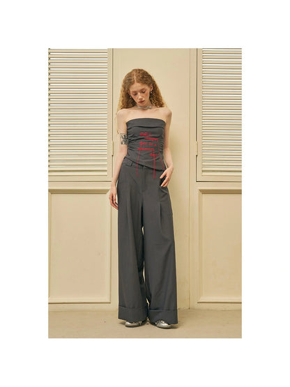Fringed Embroidered Waist Gathered Striped Bustier Pants Set