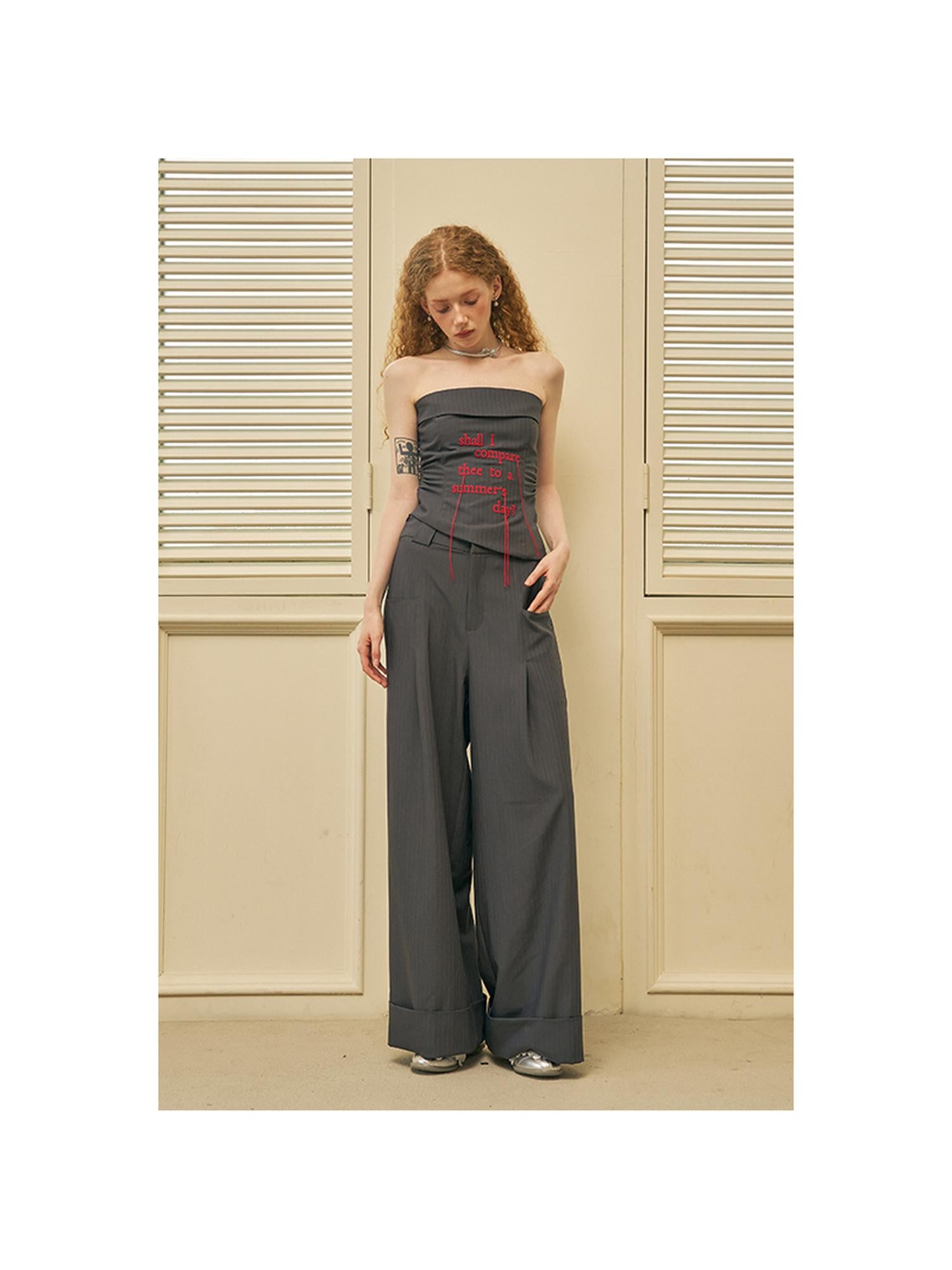 DIDDI MODA Fringed Embroidered Waist Gathered Striped Bustier Pants Set
