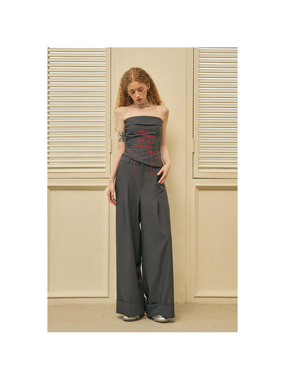 DIDDI MODA Fringed Embroidered Waist Gathered Striped Bustier Pants Set
