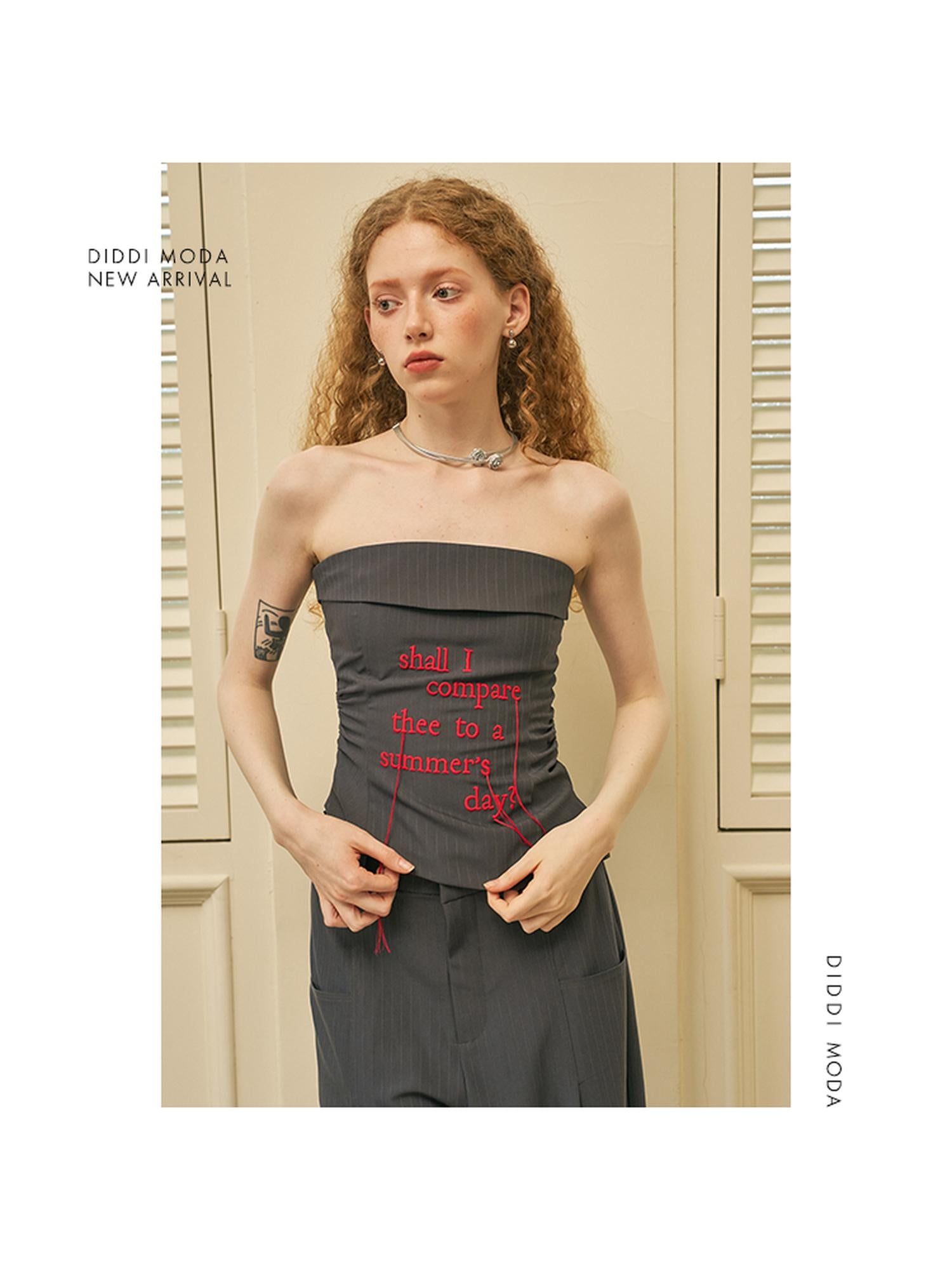 DIDDI MODA Fringed Embroidered Waist Gathered Striped Bustier Pants Set